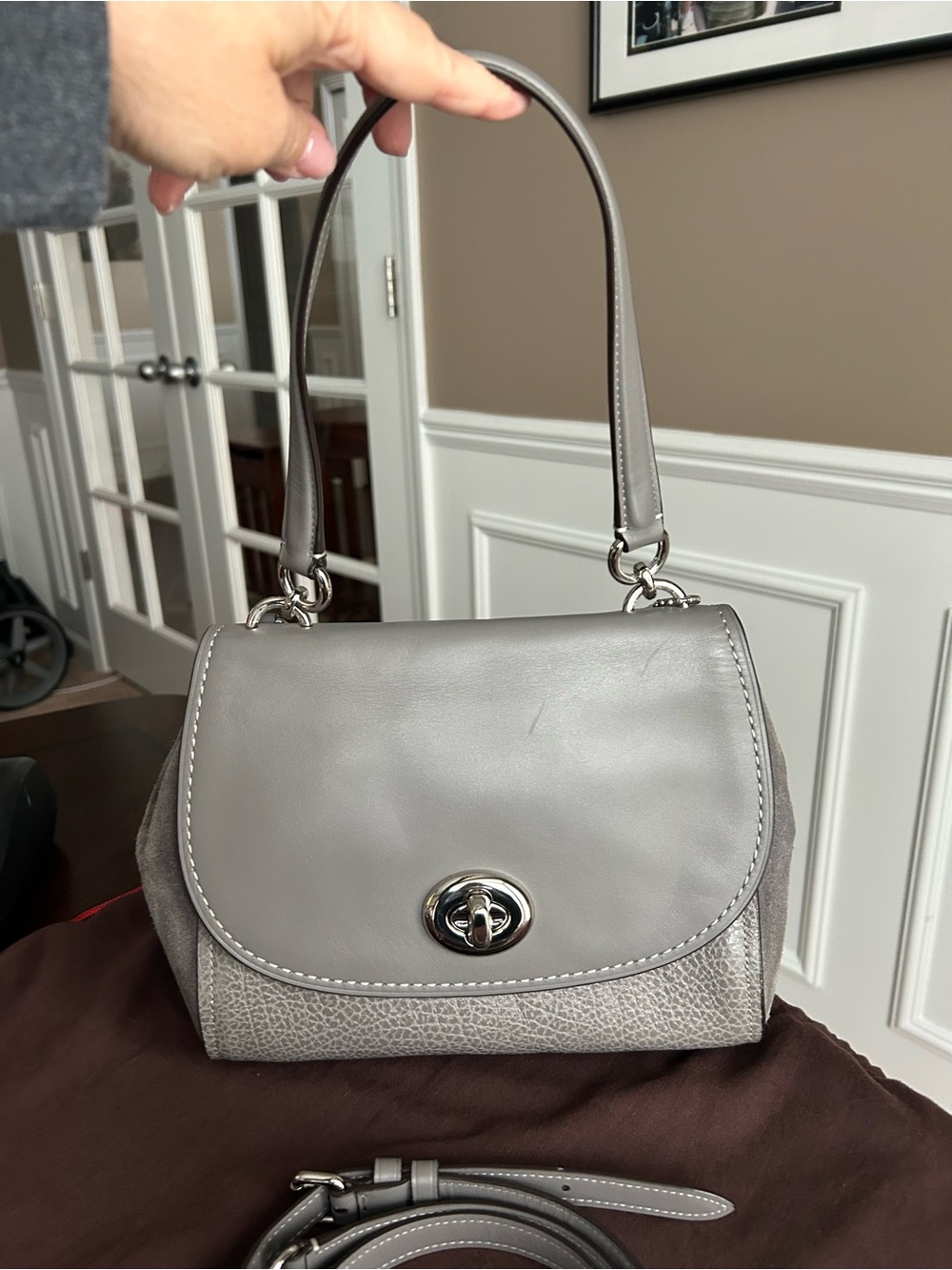 Coach, Gray, Suade/Leather Top-Handle Shoulder Bag. With Strap.